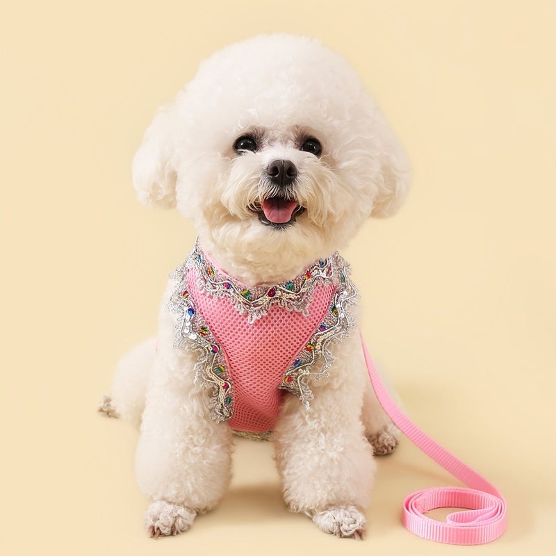 Small To Medium Pet Harness And Leash Set 2005 Pink Lace Trim Soft Breathable Fabric For Outdoor Outings - Image 1