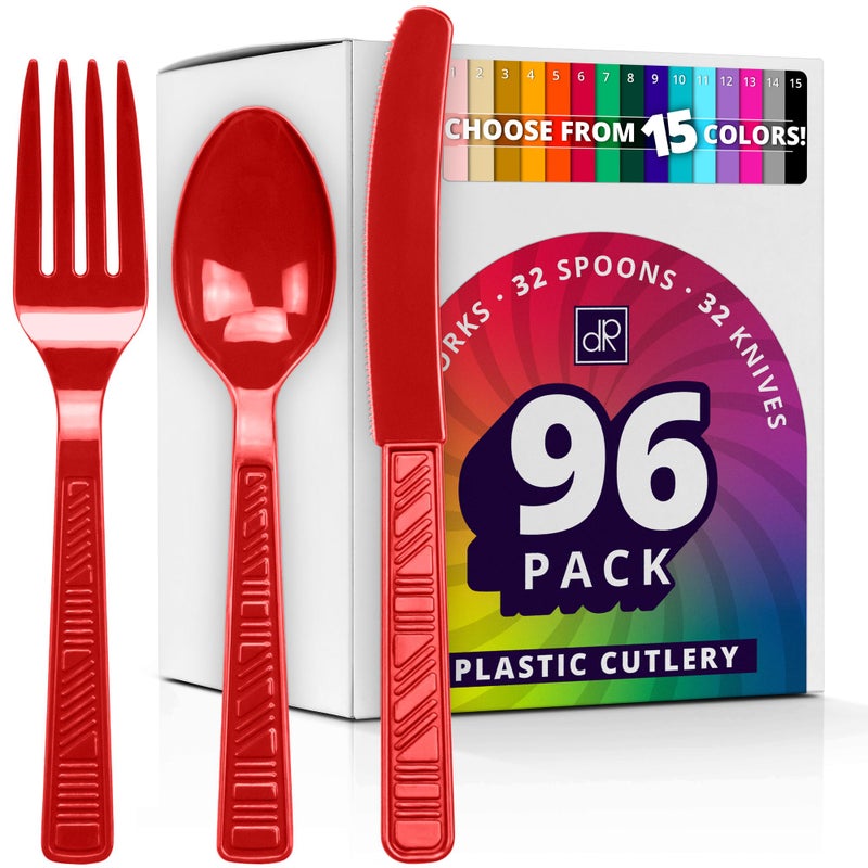 DecorRack Plastic Cutlery Set  Red Plastic Silverware Sets for Parties  96 Piece Bulk Heavy Duty Plastic Utensils Set (Red  96 Pieces) - Image 1