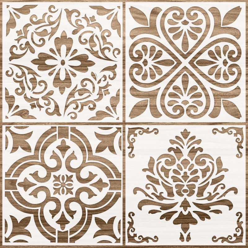 Zonon 4 Pieces Reusable Tile Stencil 12 x 12 Inches Wall Templates Tile Pattern Stencil Drawing Templates for DIY Scrapbooks Wall Floor Home Decors Flower Style 