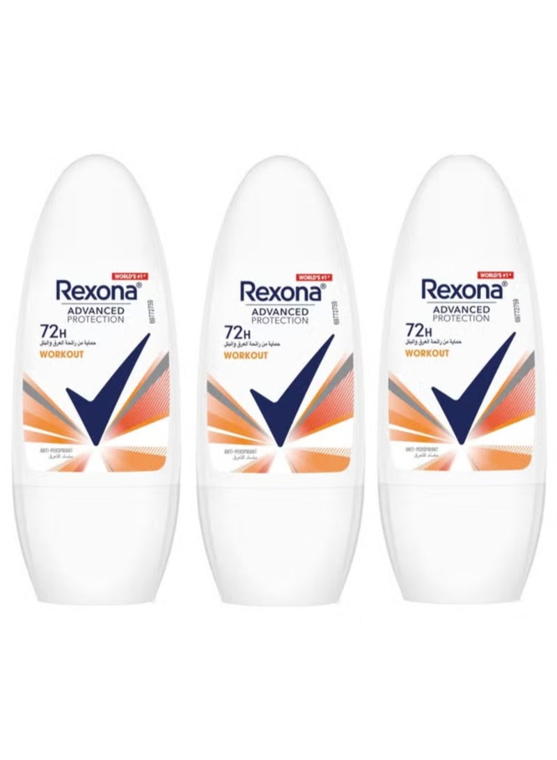Rexona 3 Pcs REXONA Women Antiperspirant Deodorant Roll On, 72 h Workout,50ml - Image 1