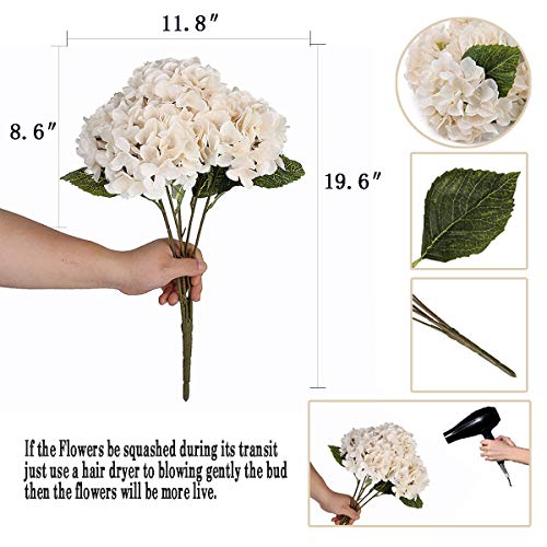 Louiesya Artificial Flowers Silk Hydrangea Flowers with 5 Big Heads Fake Flower Bunch Bouquet for Home Wedding Party Decor DIY (White, 5 Flower Heads) - Image 2