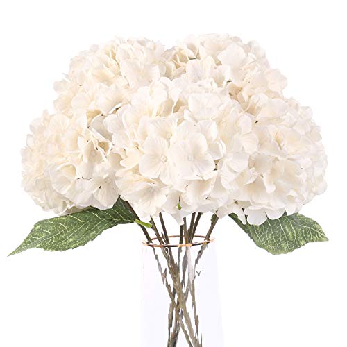Louiesya Artificial Flowers Silk Hydrangea Flowers with 5 Big Heads Fake Flower Bunch Bouquet for Home Wedding Party Decor DIY (White, 5 Flower Heads) - Image 1