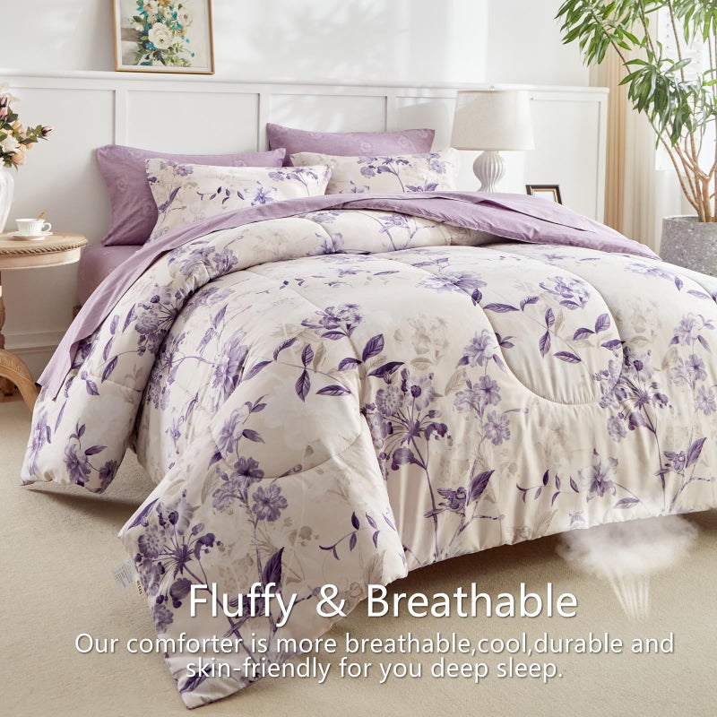 AIKASY 7-Piece Queen Size Bed in a Bag Comforter Set - Lilac Purple Floral Ensemble with Reversible Botanical Flowers Comforter, Sheets, Pillowcases & Shams - Image 4