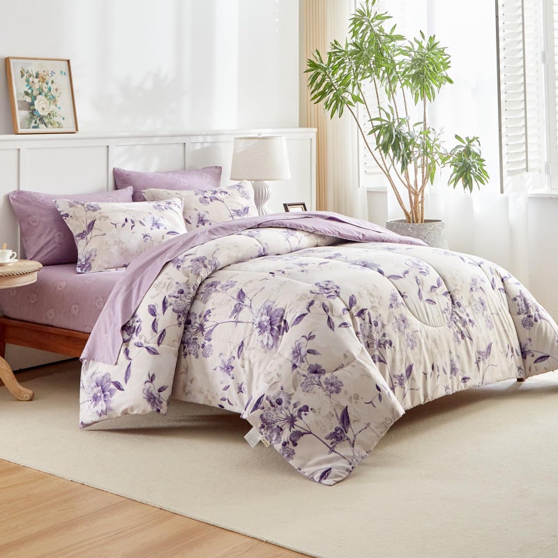 AIKASY 7-Piece Queen Size Bed in a Bag Comforter Set - Lilac Purple Floral Ensemble with Reversible Botanical Flowers Comforter, Sheets, Pillowcases & Shams - Image 3
