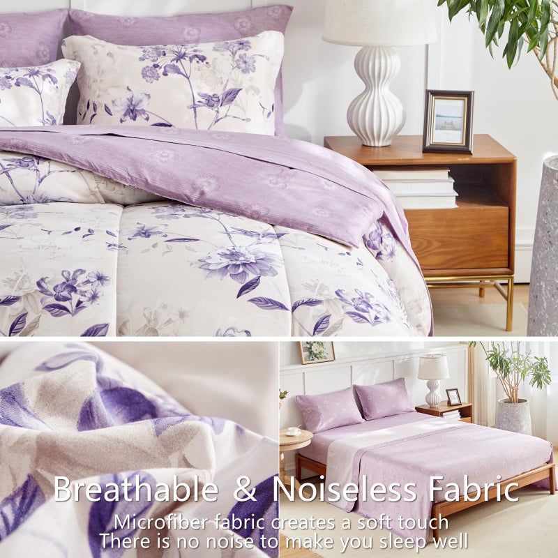 AIKASY 7-Piece Queen Size Bed in a Bag Comforter Set - Lilac Purple Floral Ensemble with Reversible Botanical Flowers Comforter, Sheets, Pillowcases & Shams - Image 5