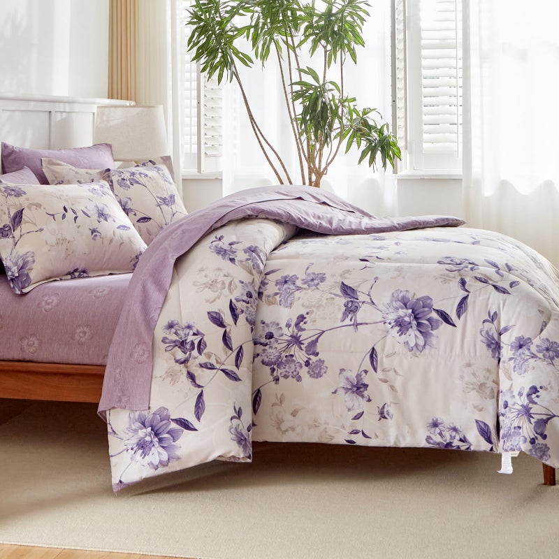 AIKASY 7-Piece Queen Size Bed in a Bag Comforter Set - Lilac Purple Floral Ensemble with Reversible Botanical Flowers Comforter, Sheets, Pillowcases & Shams - Image 1