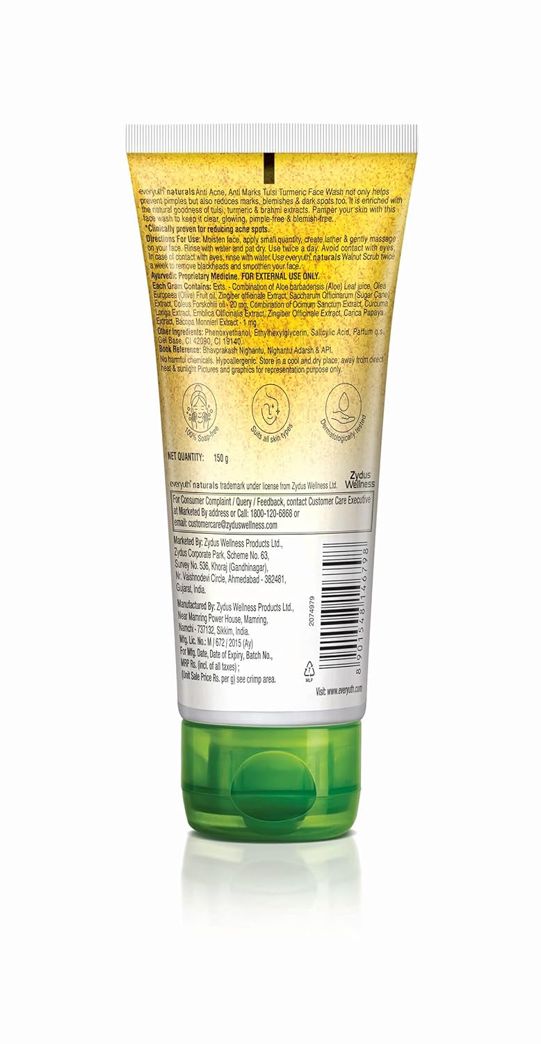 Everyuth Naturals Anti Acne Anti Marks Tulsi Turmeric Face WashGentle Exfoliation Blemish ControlParaben freeFor Oily Dry Normal Combination Sensitive Skin100 Soap Free 150 g Pack of 2 - Image 2