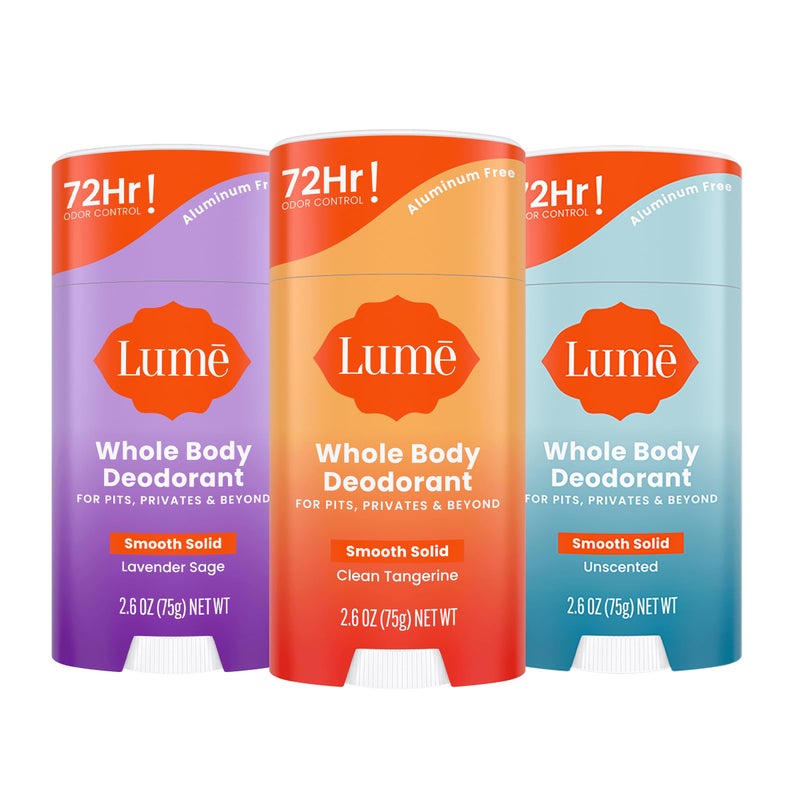 Lume Whole Body Deodorant - Smooth Solid Stick - 72 Hour Odor Control - Aluminum Free, Baking Soda Free and Skin Safe - 2.6 Ounce (Pack of 3) (Clean Tangerine, Lavender Sage, Unscented) - Image 1