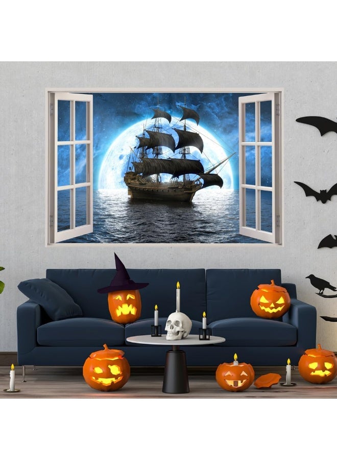 Kiddale ملصق حائط نافذة مزيفة ثلاثي الأبعاد لسفينة قراصنة كيدال، منظر نافذة بحرية قابلة للإزالة لسفينة تحت ضوء القمر، ملصقات حائط للديكور في غرفة الأطفال وغرفة المعيشة، 23.6"x17.3" - Image 2