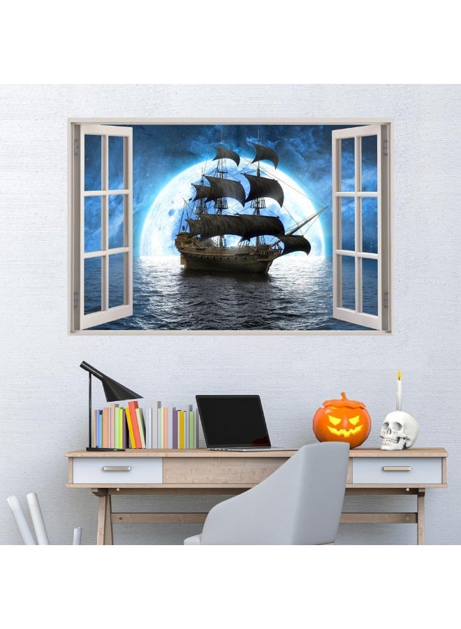 Kiddale ملصق حائط نافذة مزيفة ثلاثي الأبعاد لسفينة قراصنة كيدال، منظر نافذة بحرية قابلة للإزالة لسفينة تحت ضوء القمر، ملصقات حائط للديكور في غرفة الأطفال وغرفة المعيشة، 23.6"x17.3" - Image 4