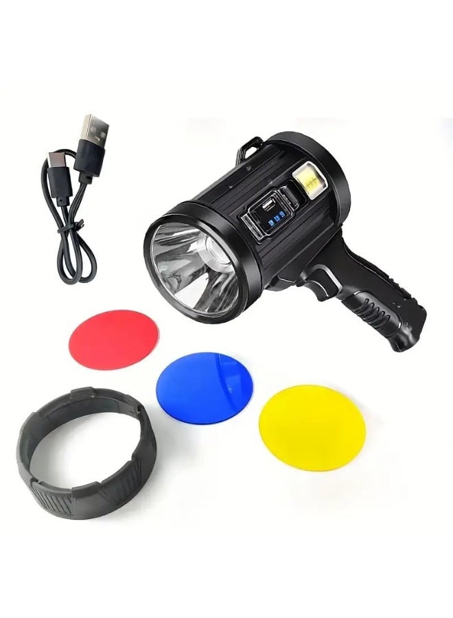 AIWANTO Rechargeable 90,000-Lumen LED Searchlight – Long-Range Super Bright Torch with Side Lights, Solar Panel, Input/Output Charging, 3 Color Filters Heavy-Duty Outdoor Hunting & Emergency Lamp - Image 2