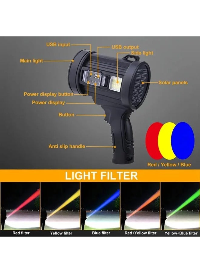 AIWANTO Rechargeable 90,000-Lumen LED Searchlight – Long-Range Super Bright Torch with Side Lights, Solar Panel, Input/Output Charging, 3 Color Filters Heavy-Duty Outdoor Hunting & Emergency Lamp - Image 4