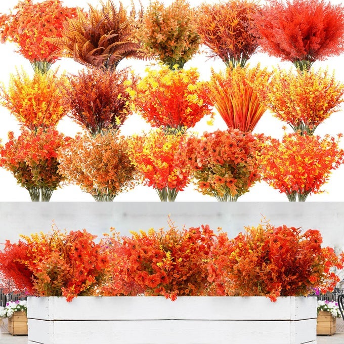 60 BUNDLE FALL ARTIFICIAL FLOWERS OUTDOOR UV RESISTANT AUTUMN ORANGE FAKE PLANTS FLOWERS FAUX PLASTIC GREENERY DECORATION SHRUB FOR WEDDING WINDOW BOX HOME PORCH FIREPLACE THANKSGIVING