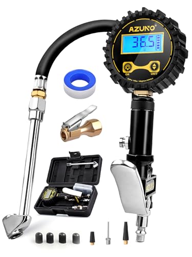AZUNO Digital Tire Inflator with Pressure Gauge, 200 PSI, Heavy Duty Air Compressor Accessories, with Rubber Hose Lock on Air Chuck and Quick Connect Coupler, Comes with a Portable Carrying Box - Image 1