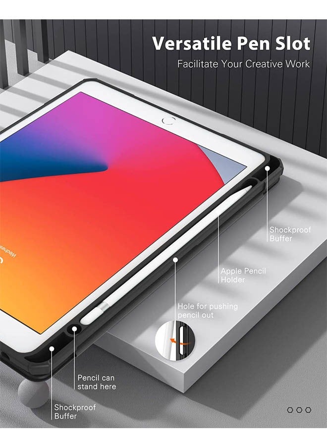روك بو جراب هجين رفيع لجهاز iPad الجيل التاسع/الثامن/السابع (2021/2020 / 2019) مقاس 10.2 بوصة [حامل قلم مدمج] غطاء مقاوم للصدمات مع غلاف خلفي شفاف وخاصية السكون والاستيقاظ التلقائي - Image 3