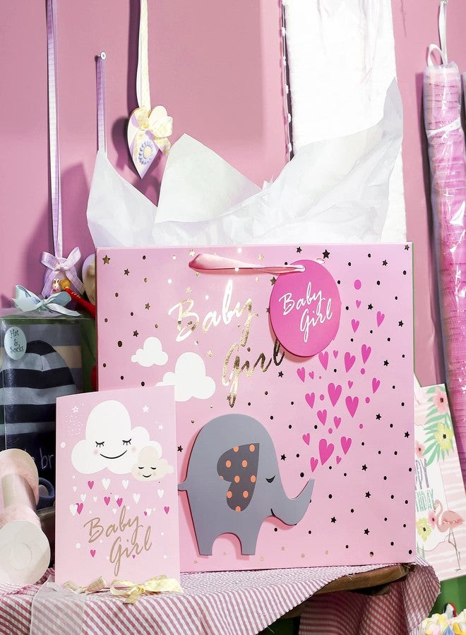 MAYPLUSS 16" Extra Large Gift Bag with Greeting Card and Tissue Paper - Lovely Pink Baby Girl 3D Making Elephant Design Gift Bag for Birthday, Baby Shower, Party - Image 2