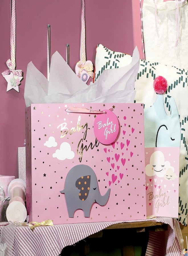 MAYPLUSS 16" Extra Large Gift Bag with Greeting Card and Tissue Paper - Lovely Pink Baby Girl 3D Making Elephant Design Gift Bag for Birthday, Baby Shower, Party - Image 3
