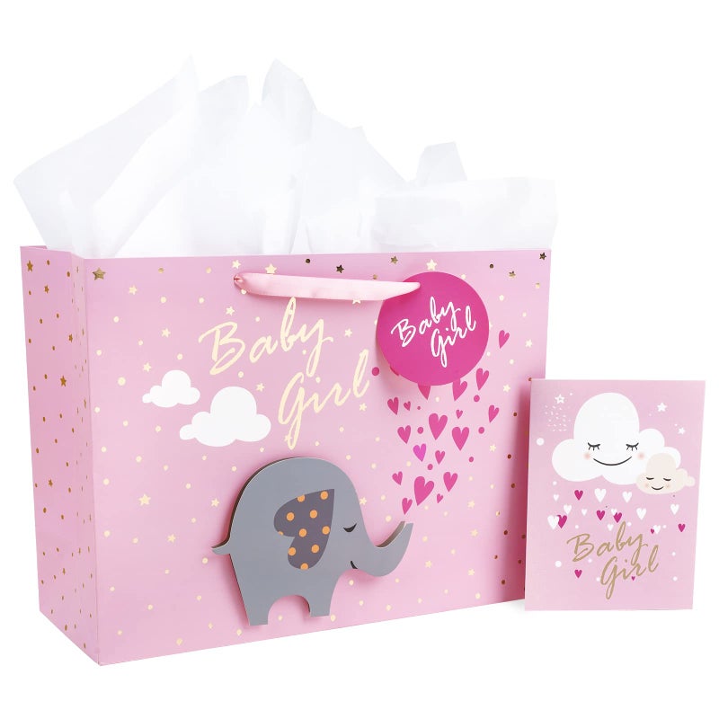 MAYPLUSS 16" Extra Large Gift Bag with Greeting Card and Tissue Paper - Lovely Pink Baby Girl 3D Making Elephant Design Gift Bag for Birthday, Baby Shower, Party - Image 1