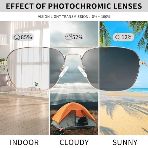 JM Aviator Photochromic Sunglasses, Square Blue Light Blocking Computer Glasses Light Gold - Image 4