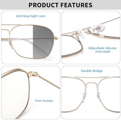 JM Aviator Photochromic Sunglasses, Square Blue Light Blocking Computer Glasses Light Gold - Image 5