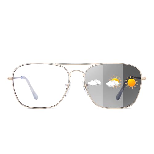 JM Aviator Photochromic Sunglasses, Square Blue Light Blocking Computer Glasses Light Gold - Image 1