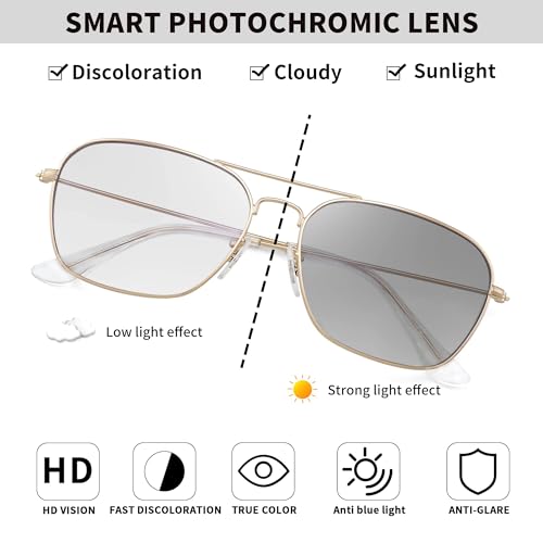 JM Aviator Photochromic Sunglasses, Square Blue Light Blocking Computer Glasses Light Gold - Image 3