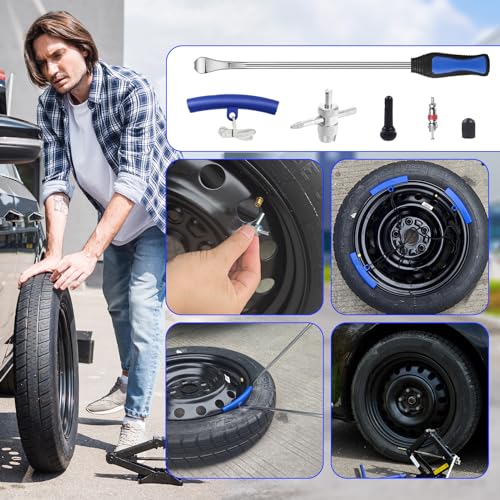 HTOMT 14.5" Tire Spoon Kit, 26pcs Tire Changing Tool for Motorcycle Dirt Bike Lawn Tractor Bicycle, Motorcycle Tire Changer Tire Removal Tool with 3pcs Rim Covers 6pcs Valve Tool Valve Cores (Blue) - Image 2