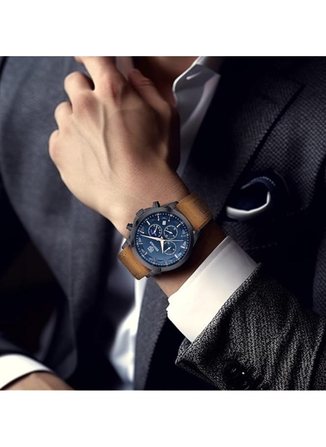 BENYAR Mens Watches Multifunction Chronograph Date Quartz Watch for Men Brown Leather Band Analog Wrist Watch Gift for Men Casual Business  - Image 3