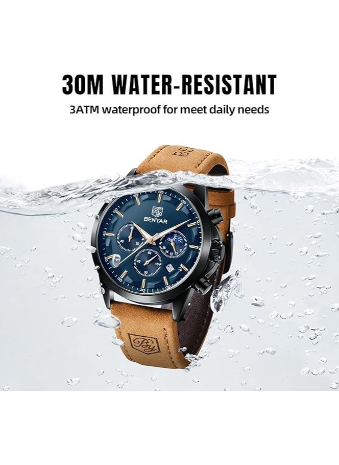 BENYAR Mens Watches Multifunction Chronograph Date Quartz Watch for Men Brown Leather Band Analog Wrist Watch Gift for Men Casual Business  - Image 5