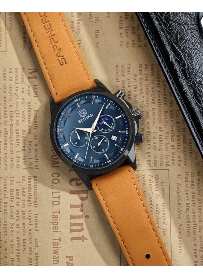 BENYAR Mens Watches Multifunction Chronograph Date Quartz Watch for Men Brown Leather Band Analog Wrist Watch Gift for Men Casual Business  - Image 4
