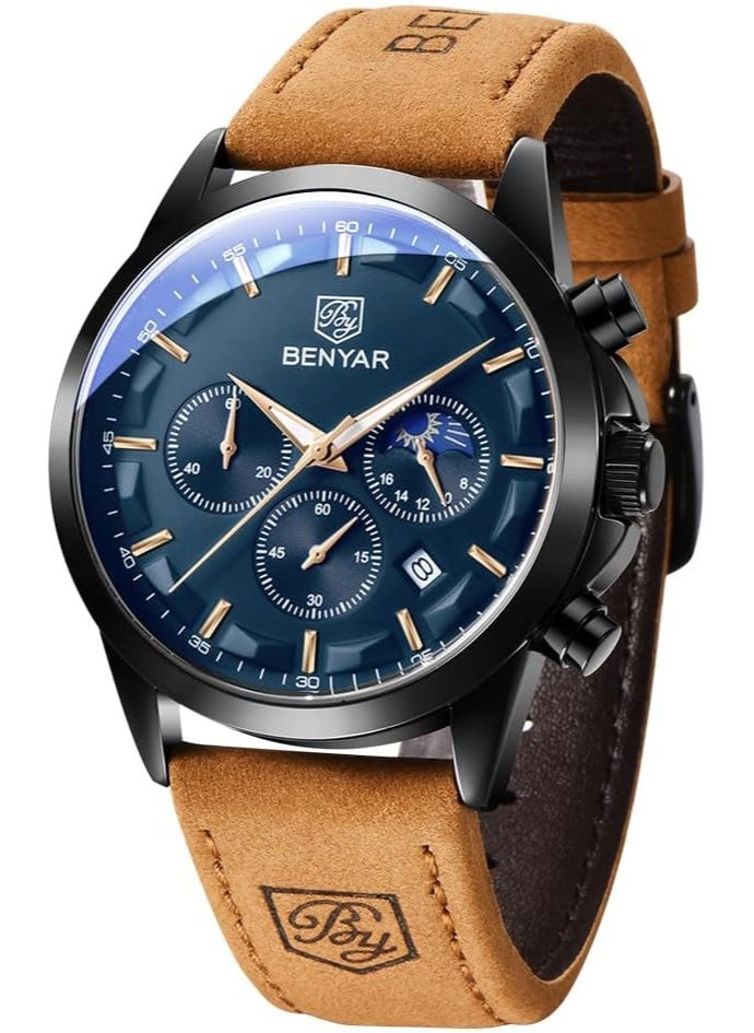BENYAR Mens Watches Multifunction Chronograph Date Quartz Watch for Men Brown Leather Band Analog Wrist Watch Gift for Men Casual Business  - Image 1