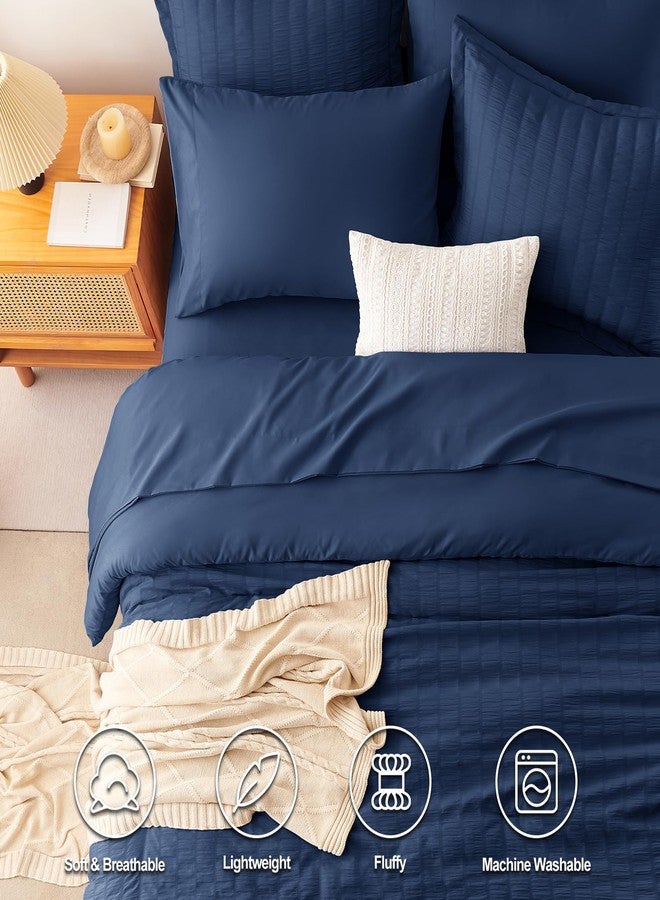 CozyLux Full Size Comforter Sets with Sheets Seersucker 7 Pieces Navy Blue Bed in a Bag Textured Luxury Soft Bedding Set with Down Alternative Comforter, Sheets, Pillowcases & Shams for All Seasons - Image 2