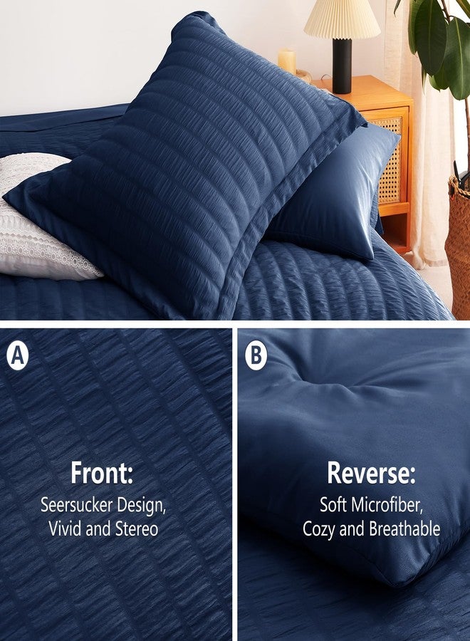 CozyLux Full Size Comforter Sets with Sheets Seersucker 7 Pieces Navy Blue Bed in a Bag Textured Luxury Soft Bedding Set with Down Alternative Comforter, Sheets, Pillowcases & Shams for All Seasons - Image 4