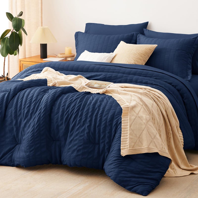 CozyLux Full Size Comforter Sets with Sheets Seersucker 7 Pieces Navy Blue Bed in a Bag Textured Luxury Soft Bedding Set with Down Alternative Comforter, Sheets, Pillowcases & Shams for All Seasons - Image 1