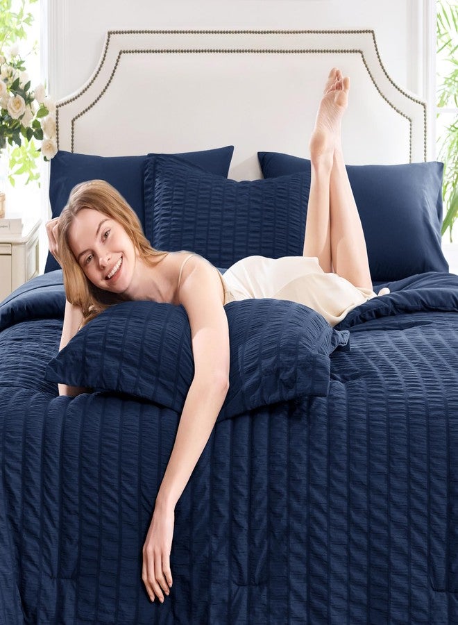 CozyLux Full Size Comforter Sets with Sheets Seersucker 7 Pieces Navy Blue Bed in a Bag Textured Luxury Soft Bedding Set with Down Alternative Comforter, Sheets, Pillowcases & Shams for All Seasons - Image 3
