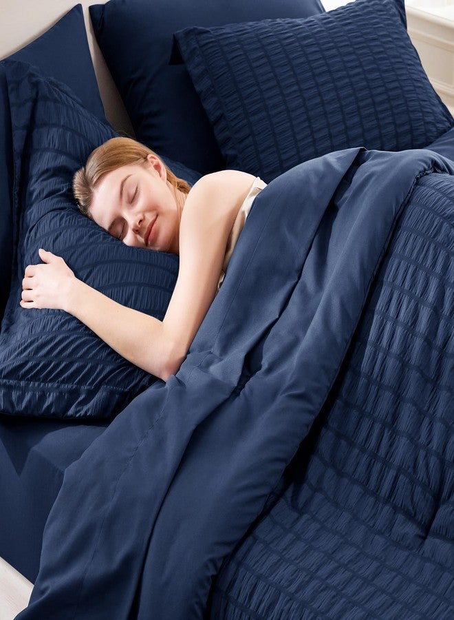 CozyLux Full Size Comforter Sets with Sheets Seersucker 7 Pieces Navy Blue Bed in a Bag Textured Luxury Soft Bedding Set with Down Alternative Comforter, Sheets, Pillowcases & Shams for All Seasons - Image 5