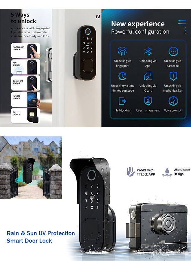 S-Color Smart Outdoor Door Lock, Double-Sided Bluetooth APP Lock, TTlock Remote Control Included- Fingerprint Entry, Bluetooth, Passcode, Remote App Unlocking, Keys, 2 Smart Cards, Fits Doors 30-60mm (TT Lock APP) - Image 2