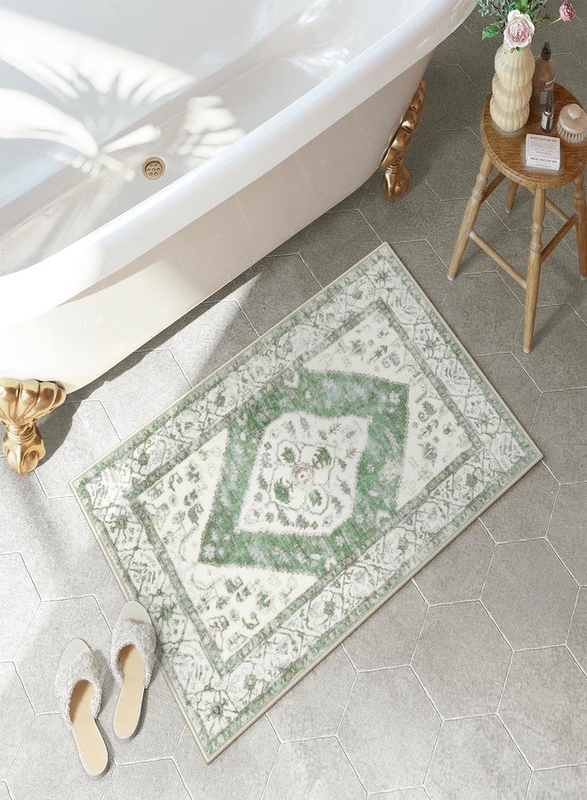 Uphome Green Bath Mat Oriental Boho Bathroom Rugs Farmhouse Soft Plush Washable Toilet Rug Non-Slip Vintage Distressed Bath Mats for Bathroom Tub Sink Toilet, 20x32 inch - Image 1