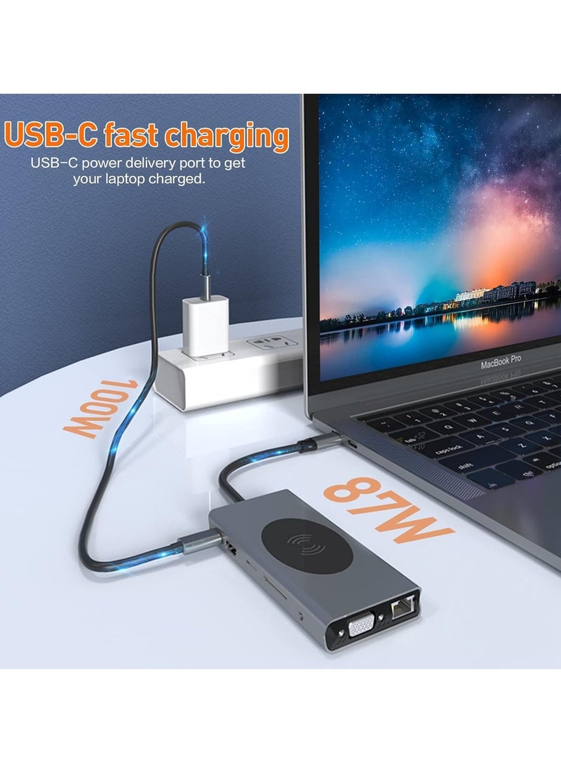 TIGER - 13-in-1 USB C Docking Station with Wireless Charging, 4K HDMI, VGA, USB 3.0, USB C, Ethernet, SD/TF Card Reader – Multiport Dock for MacBook Pro, Type-C Laptops & Devices – Expand Connectivity, Power Delivery, High-Speed Data Transfer & More - Image 1