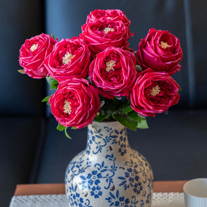 DUYONE Fake Flowers for Decoration Home Decor Artificial Flowers Austin Rose Peony Latex Fake Flower Living Room Decoration Vivid Pink Roses Peonies (Red 4pcs) - Image 3