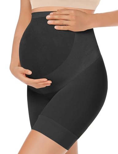 KIM S Black Maternity Biker Shorts Pregnancy Slip Shorts for Under Dresses Fall Plus Size Spandex Workout Maternity Belly Band for Jeans (Black M) - Image 1