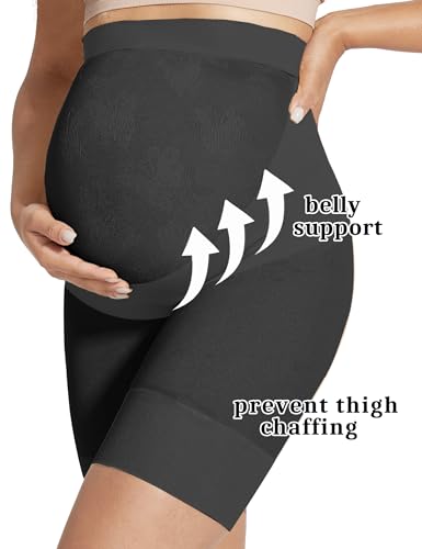 KIM S Black Maternity Biker Shorts Pregnancy Slip Shorts for Under Dresses Fall Plus Size Spandex Workout Maternity Belly Band for Jeans (Black M) - Image 4