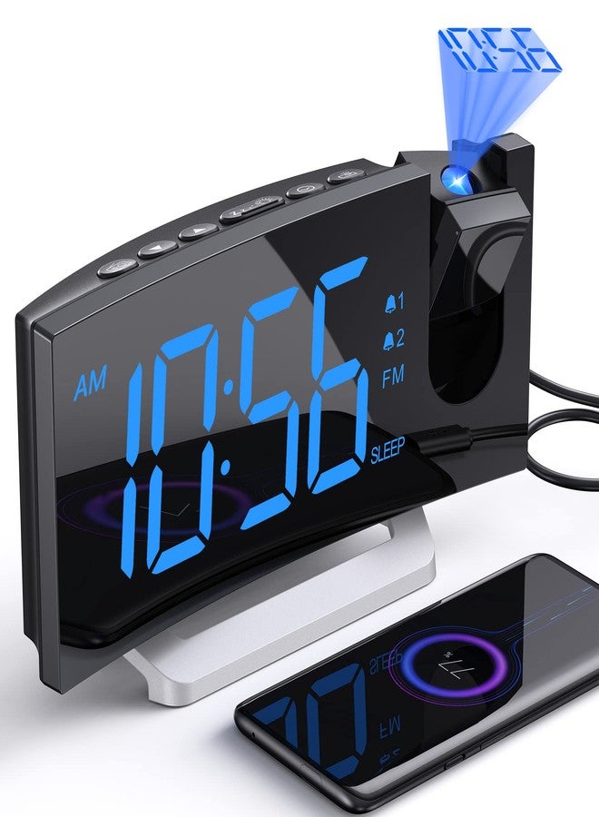 Uptimus Projection Alarm Clock with FM Radio, USB Charging Port, 0-100% Dimmer, Dual Alarms, HD LED Display, 30 Preset Stations, Sleep Timer, 5 Alarm Sounds, Snooze, Curved Screen, Digital Clock for Bedroom - Image 1