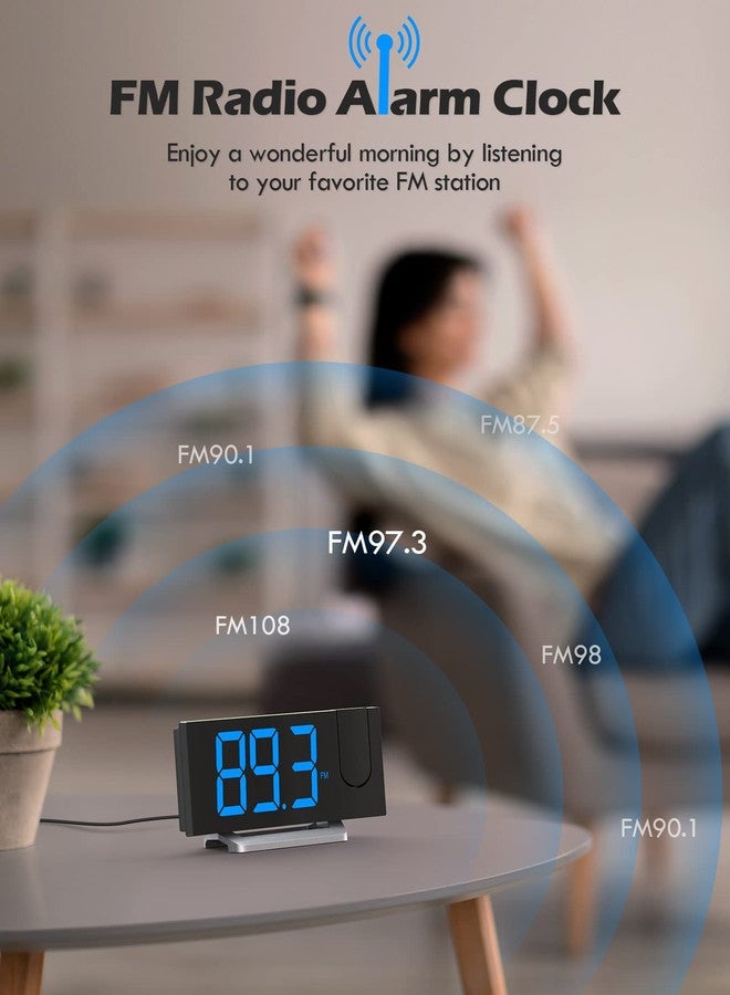 Uptimus Projection Alarm Clock with FM Radio, USB Charging Port, 0-100% Dimmer, Dual Alarms, HD LED Display, 30 Preset Stations, Sleep Timer, 5 Alarm Sounds, Snooze, Curved Screen, Digital Clock for Bedroom - Image 4