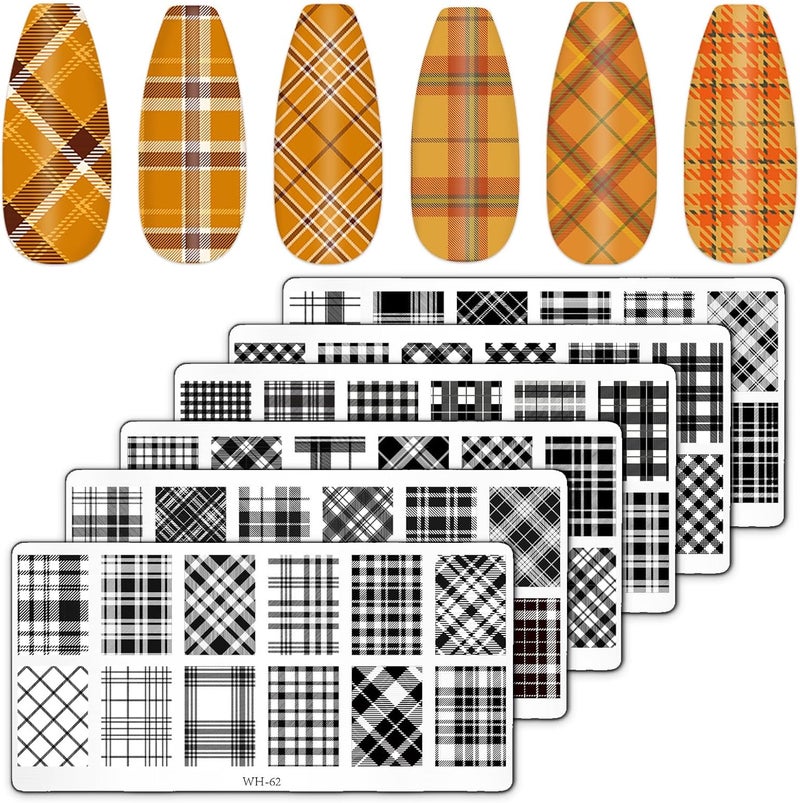 Whaline 6Pcs Plaid Nail Art Stamping Plate Kit Various Plaid Argyle Pattern Autumn Nail Art Plate for Fall Thanksgiving Holiday DIY Print Manicure Salon Design 47 x 23 Inch