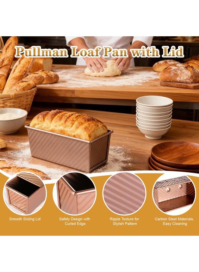 MBJZSL 3 Pcs Pullman Loaf Pan with Lid, 2.2lb/1lb/0.5lb Dough Capacity, Non-Stick Carbon Steel Bread Pans for Homemade Bread Sandwich and Toast, Sourdough Loaf Pan with Lid, Corrugated Toast Mold (Golden） - Image 3