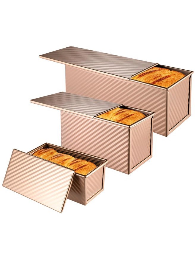MBJZSL 3 Pcs Pullman Loaf Pan with Lid, 2.2lb/1lb/0.5lb Dough Capacity, Non-Stick Carbon Steel Bread Pans for Homemade Bread Sandwich and Toast, Sourdough Loaf Pan with Lid, Corrugated Toast Mold (Golden） - Image 1