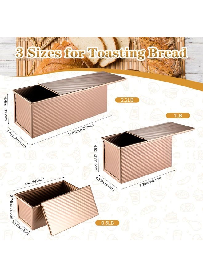 MBJZSL 3 Pcs Pullman Loaf Pan with Lid, 2.2lb/1lb/0.5lb Dough Capacity, Non-Stick Carbon Steel Bread Pans for Homemade Bread Sandwich and Toast, Sourdough Loaf Pan with Lid, Corrugated Toast Mold (Golden） - Image 2