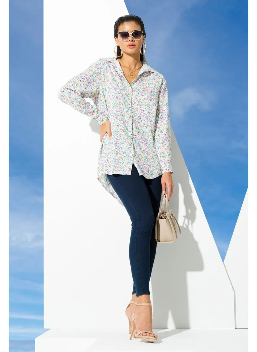 For You Woman Floral Pattern Pink Blue Viscose Shirt S27097