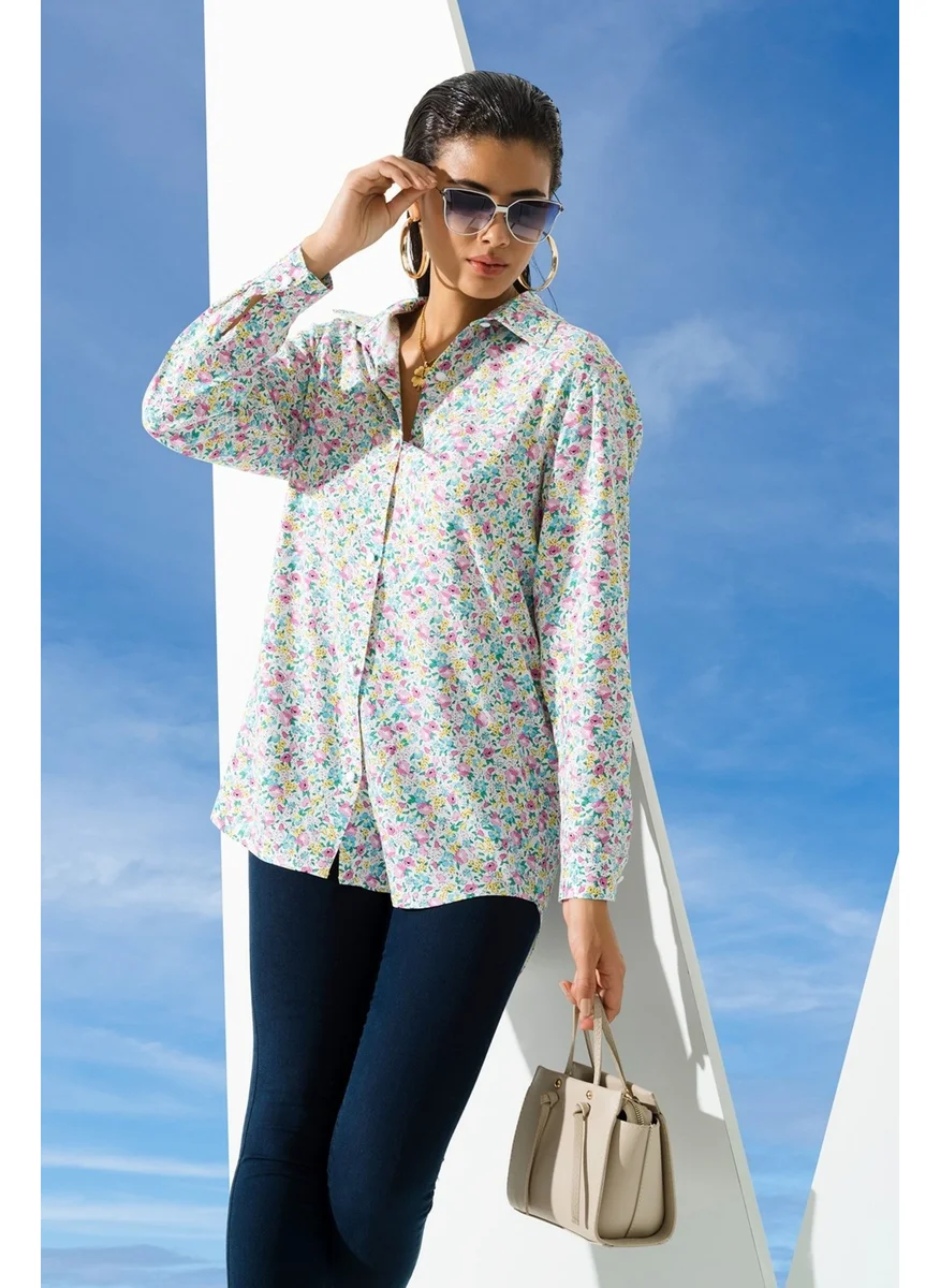 For You Woman Floral Pattern Pink Blue Viscose Shirt S27097